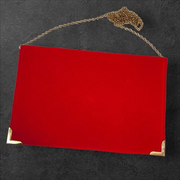 Red Velvet Envelope Clutch Purse Gold Chain Strap Evening Bag Wedding Party - Picture 3 of 8